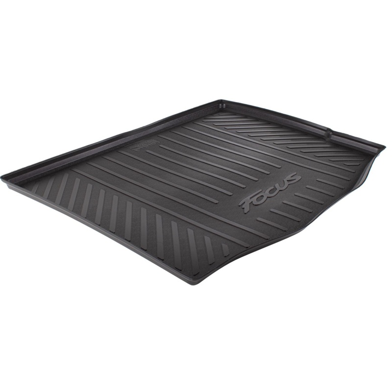 FOCUS 5 DOORS HATCHBACK WITH SPARE WHEEL, REAR RUBBER BOOT LINER, BLACK WITH FOCUS LOGO, 2011 – 2018