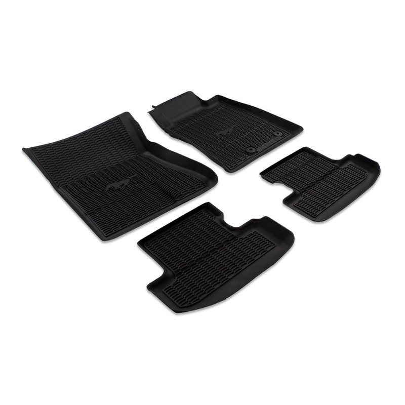MUSTANG FRONT & REAR RUBBER FLOOR MATS, BLACK WITH LOGO, 2015 – 2018